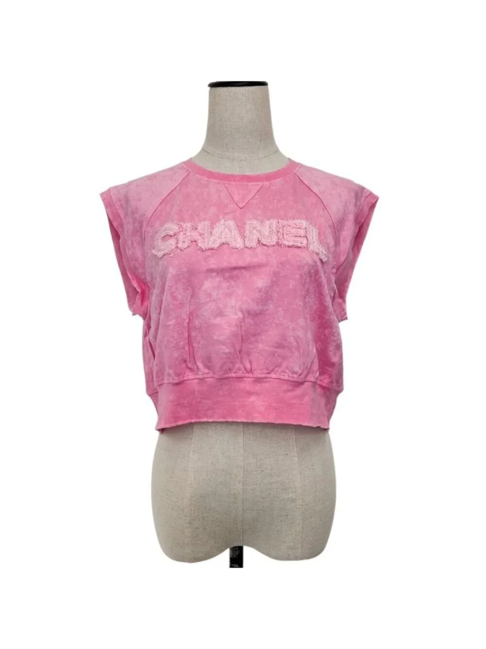 Chanel Tweed Logo Patch Design Cropped French Sleeve Top Pink XS